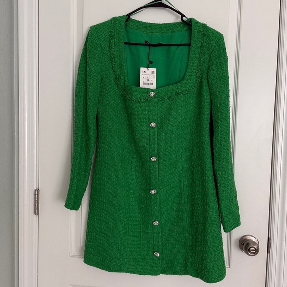 Zara Tweed Boucle squared neck long sleeves Jewel Buttons Green Dress Sz Large - Picture 8 of 15